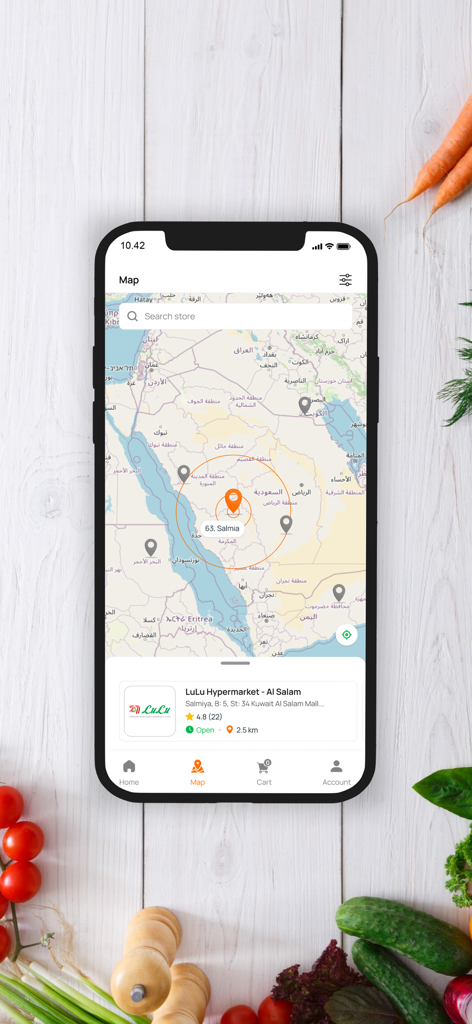 Karrot App - Smartphone screen showing the Karrot app live map with local grocery stores and delivery zones.