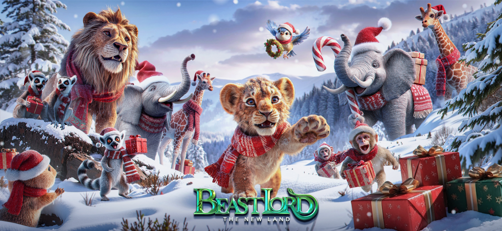 Beast Lord: The New Land - Verschiedene Wildtiere mit Weihnachtsmützen und Schals in einer verschneiten Landschaft mit Weihnachtsgeschenken