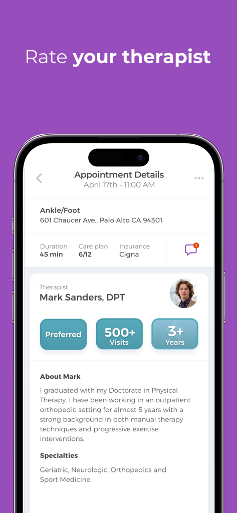 Screen showing appointment details and physical therapist profile in the Luna app.