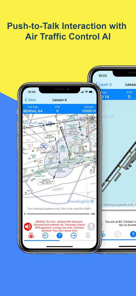 PlaneEnglish: ARSim - Smartphone screen showing PlaneEnglish ARSim app with a flight chart and AI-based air traffic control interaction practice