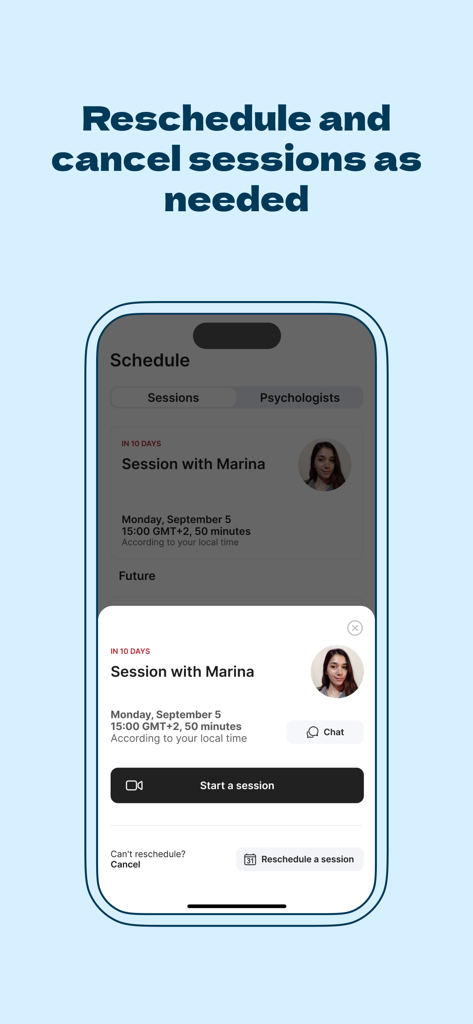 Mobile app interface showing options to reschedule or cancel therapy sessions