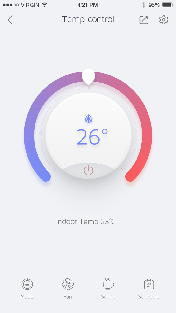 AI Life - Smart home temperature control interface in the AI Life app featuring a circular thermostat dial