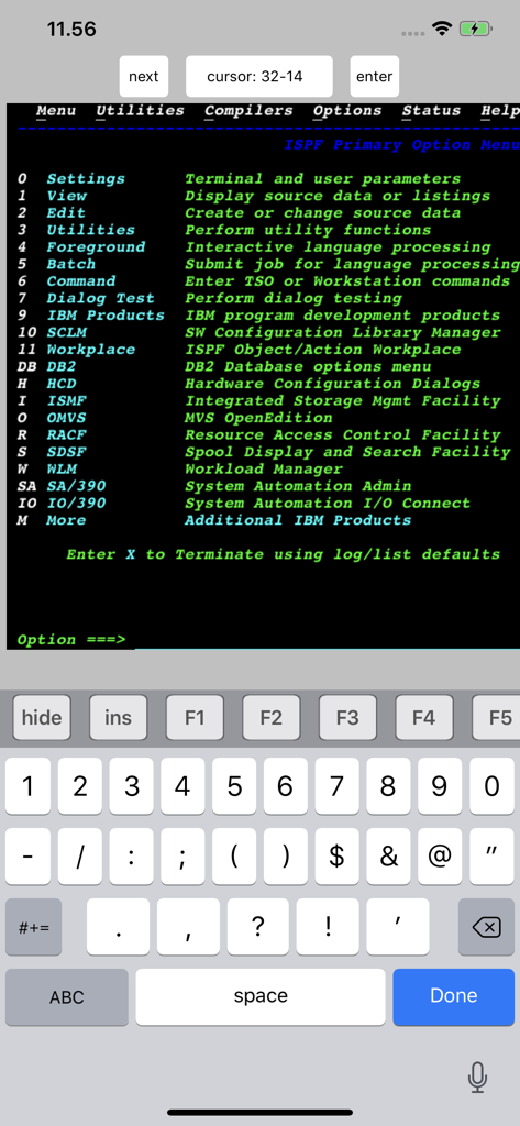 TN3270 terminal emulator displaying the ISPF primary option menu on a mobile screen