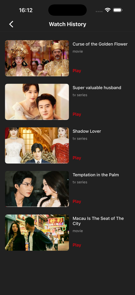 LokTV: Movie, Series & Drama - LokTV mobile app watch history interface showing a list of movies and series like Curse of the Golden Flower and Shadow Lover