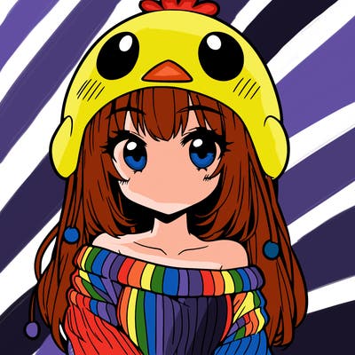 anime girl with chick shaped hat with sweater with bare shoulders with bangs covering them one eye with low tail