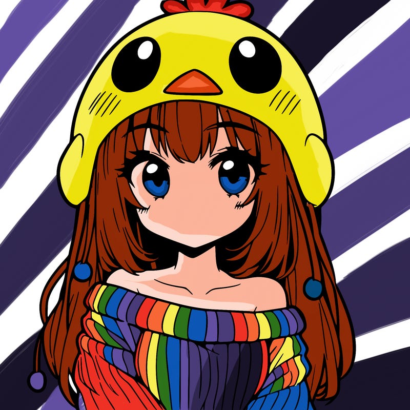 anime girl with chick shaped hat with sweater with bare shoulders with bangs covering them one eye with low tail
