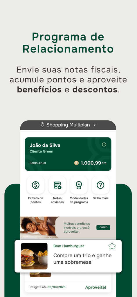 Multi: Promoções dos Shoppings - Multi-App-Beziehungsprogramm-Bildschirm mit Punktestand und Einkaufsprämien
