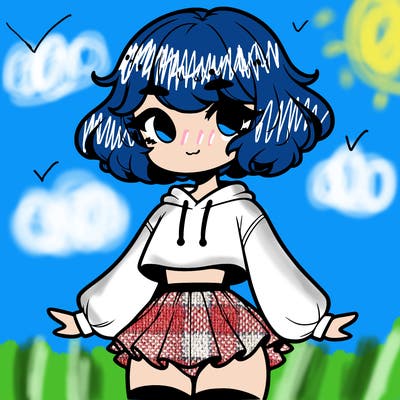 cute femboy with short, fluffy hair that softly frames their face, wearing a cropped hoodie, paired with a flouncy short skirt, and thigh-high stockings