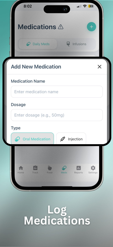 Poop Tracker - FlareCare AI - Interfaz para agregar un nuevo medicamento en la aplicación FlareCare AI que muestra campos de nombre, dosis y tipo