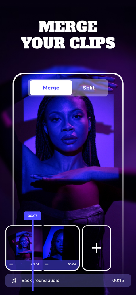 Video Merger & Splitter - Interface de um aplicativo móvel mostrando o recurso de fusão de vídeo com uma linha do tempo de clipes e uma trilha de áudio de fundo.