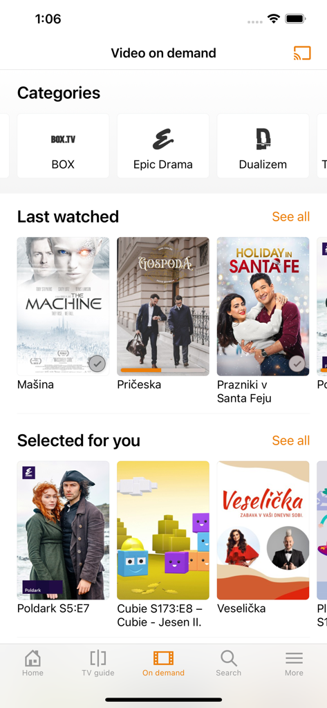 T-2 tv2go - T-2 tv2go video on demand screen showing movie categories and personal recommendations