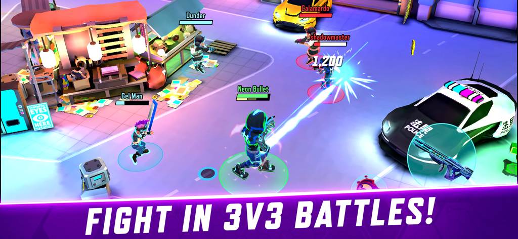 Gridpunk - PvP Battle Arena - Top down view of players in a 3v3 battle in Gridpunk