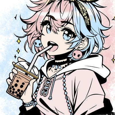 hot baddie anime girl drinking boba and biting the straw