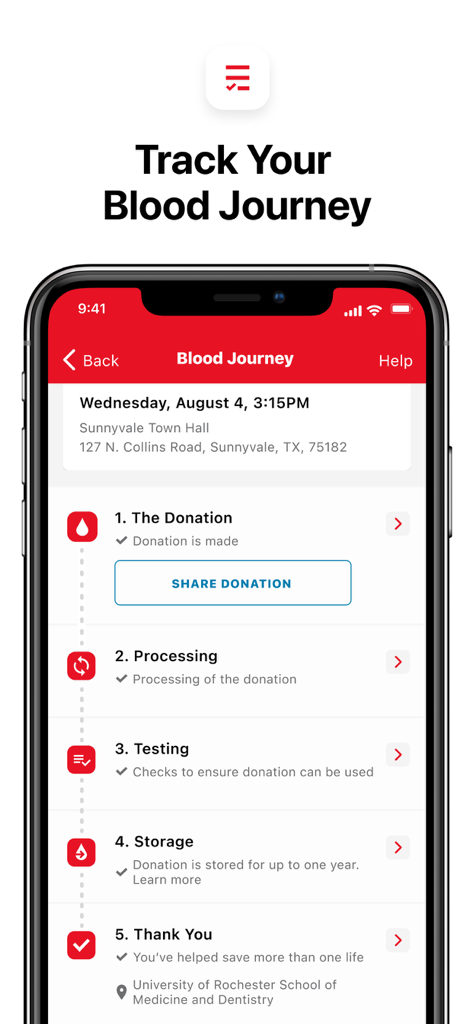 Blood Donor American Red Cross - American Red Cross 앱에서 헌혈 과정의 다섯 단계를 보여주는 스마트폰 화면