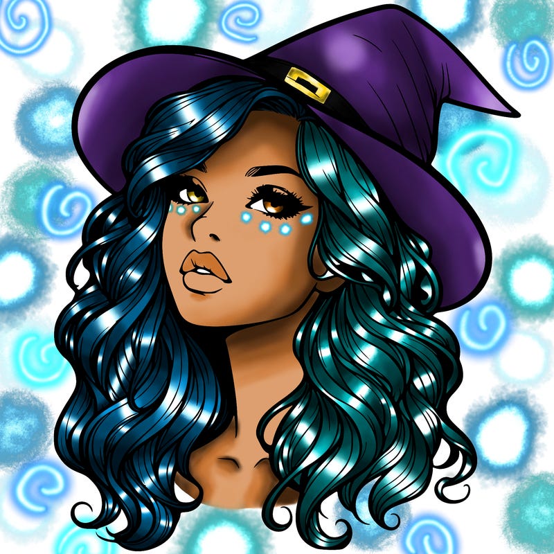 realistic witch girl with wavy hair and lips