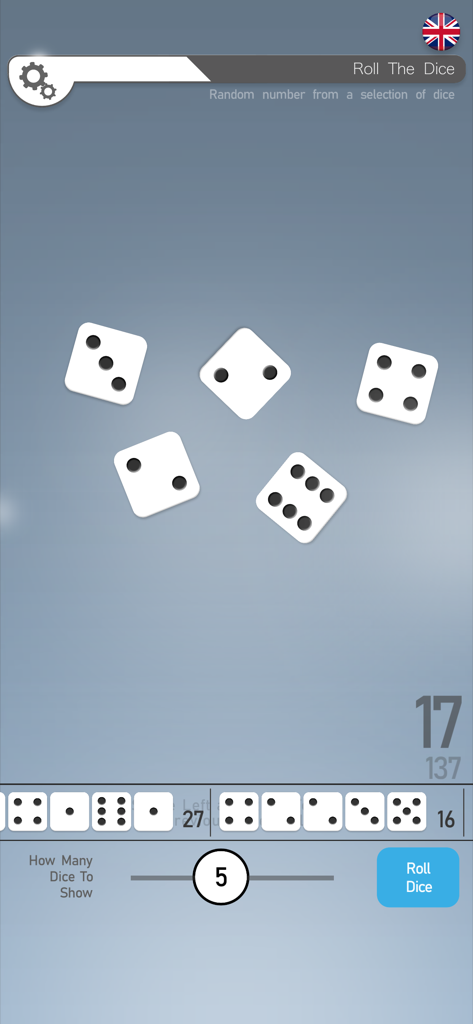 Random Number App - Recurso de roleta de dados digital mostrando cinco dados e uma soma total em um fundo azul