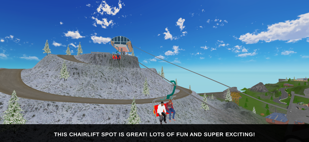 Trip Bus Simulator - Bus Games - Dois passageiros em um teleférico subindo uma montanha nevada em uma estação na encosta.