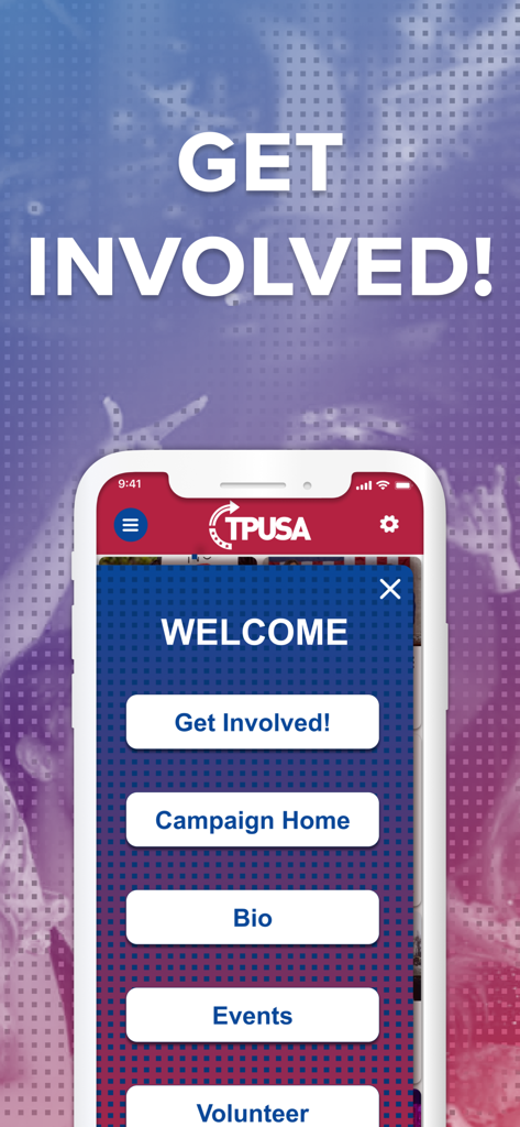 Turning Point USA app welcome screen with options to get involved and join campaigns.