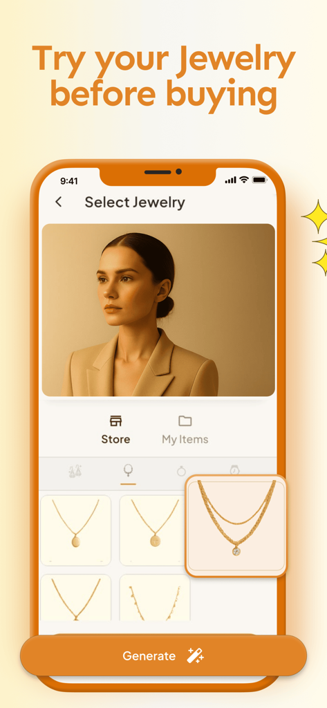 Interface de l'application JewelryTry montrant une sélection de colliers en or pour un essayage virtuel par IA.
