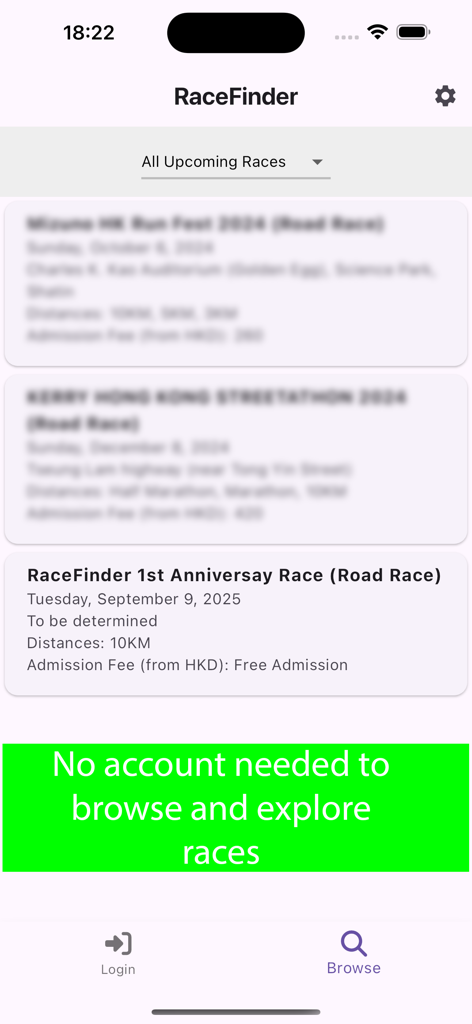 RaceFinder - Screenshot of the RaceFinder app showing a list of upcoming running events including the 1st Anniversary Road Race and a banner stating no account is needed to browse