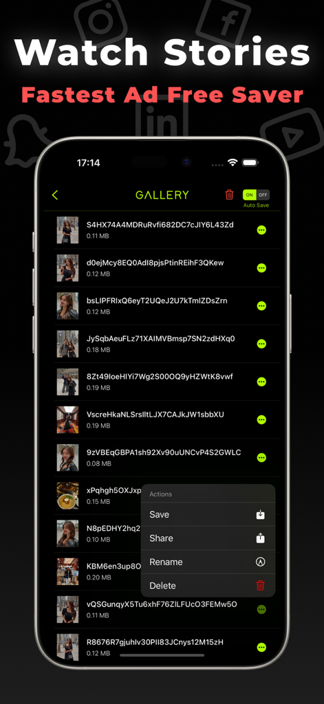 Interfaccia di Blackhole Lite che mostra una galleria di clip video con un menu di azioni per salvare, condividere o rinominare.