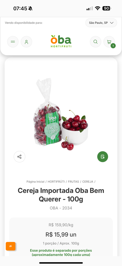 Oba Hortifruti - Oba Hortifruti mobile app product page for imported cherries.