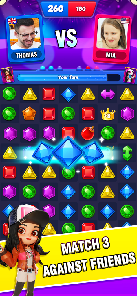 Jewel Party- Match 3 PVP - Pantalla de juego de Jewel Party Match 3 PVP mostrando una batalla en vivo entre dos jugadores con un colorido tablero de puzle de gemas