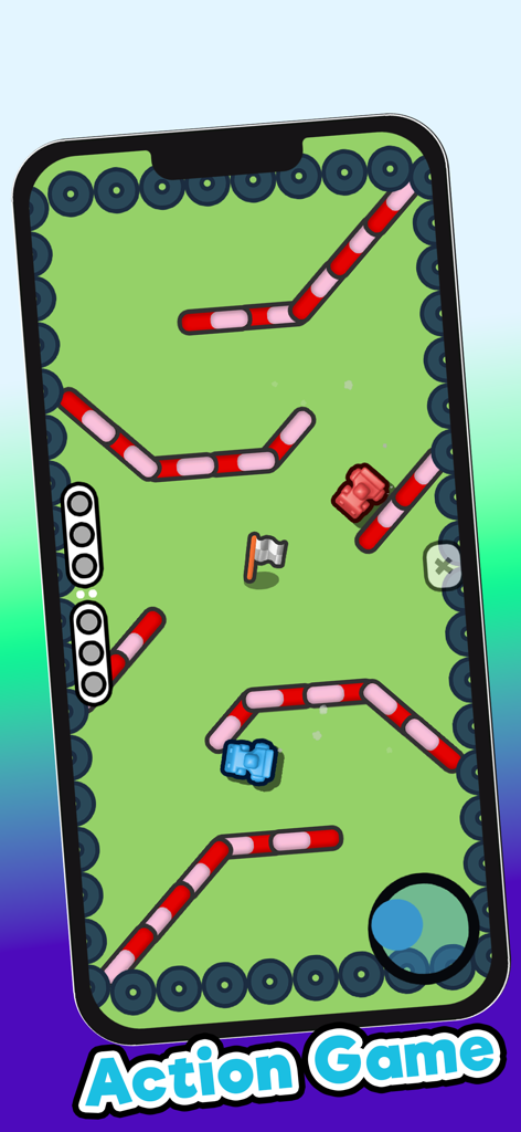 Play with Friends(2p play) - Un mini juego de carreras de coches visto desde arriba con coches rojos y azules en una pista verde con barreras rayadas