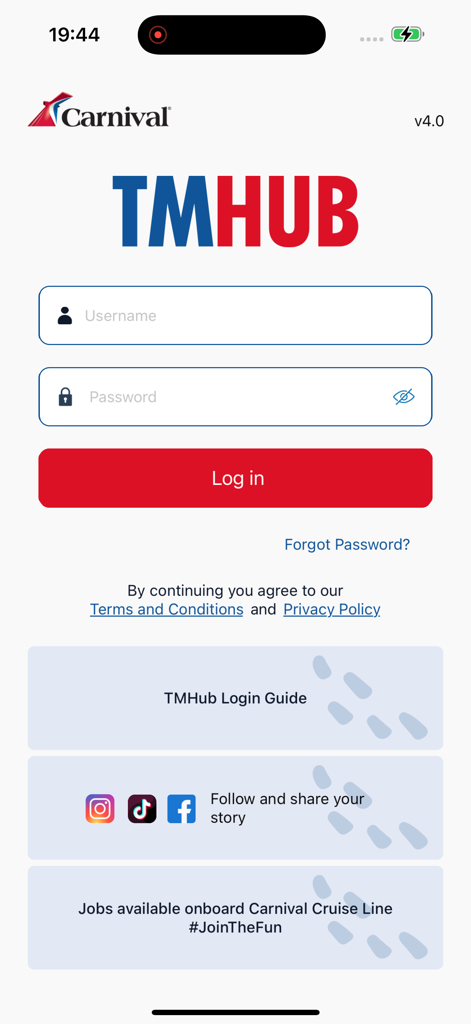 TMHub - Pantalla de inicio de sesión de la aplicación TMHub para miembros de la tripulación y solicitantes de empleo de Carnival Corporation.