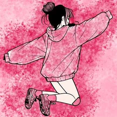 realistic girl jumping with a bun and oversized sweatshirt