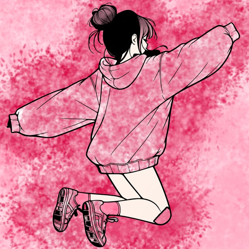 realistic girl jumping with a bun and oversized sweatshirt