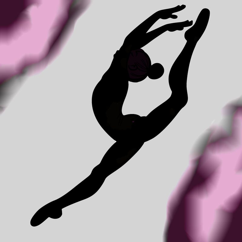 gymnast doing a leap in a leotard with a bent back leg