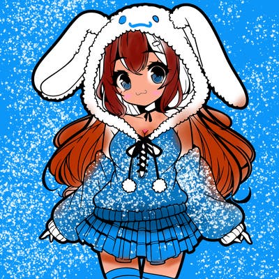 pretty anime girl wearing a fluffy hoodie with bunny ears on the hood and a skirt
