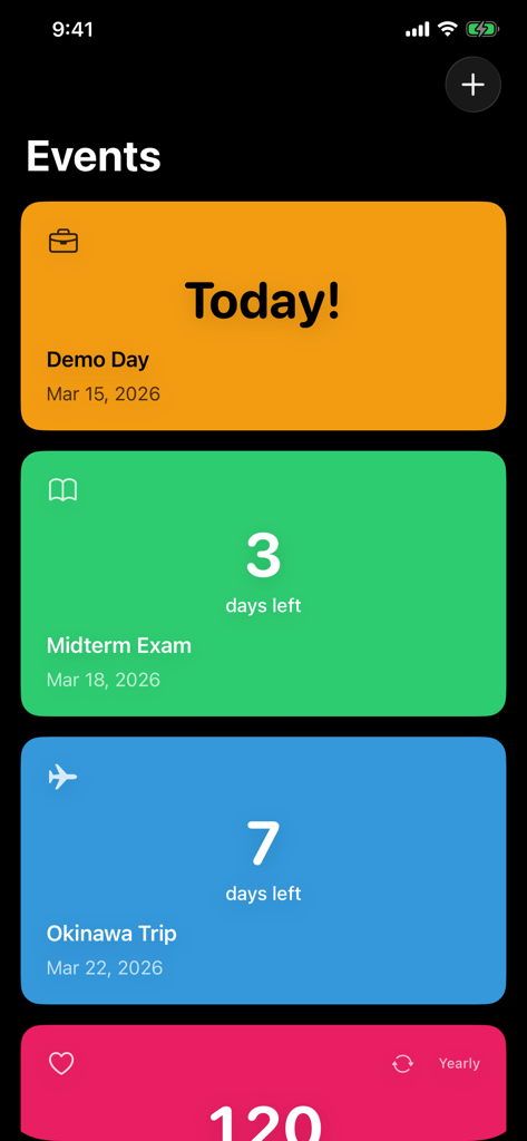 Event Countdown - Days Left - Colorful card based list of upcoming events in the app showing days left for an exam and a trip