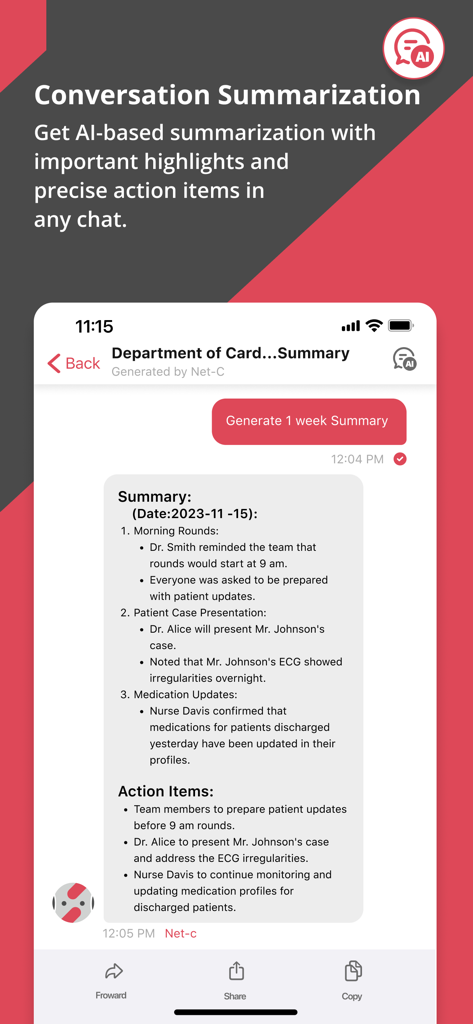 NetSfere Secure Messaging - NetSfere app screen displaying an AI generated meeting summary and list of action items