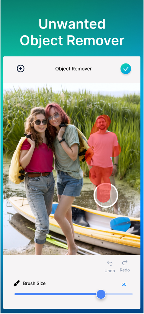 Interfaz de una aplicación móvil que demuestra cómo eliminar a una persona no deseada de una foto usando una herramienta de pincel