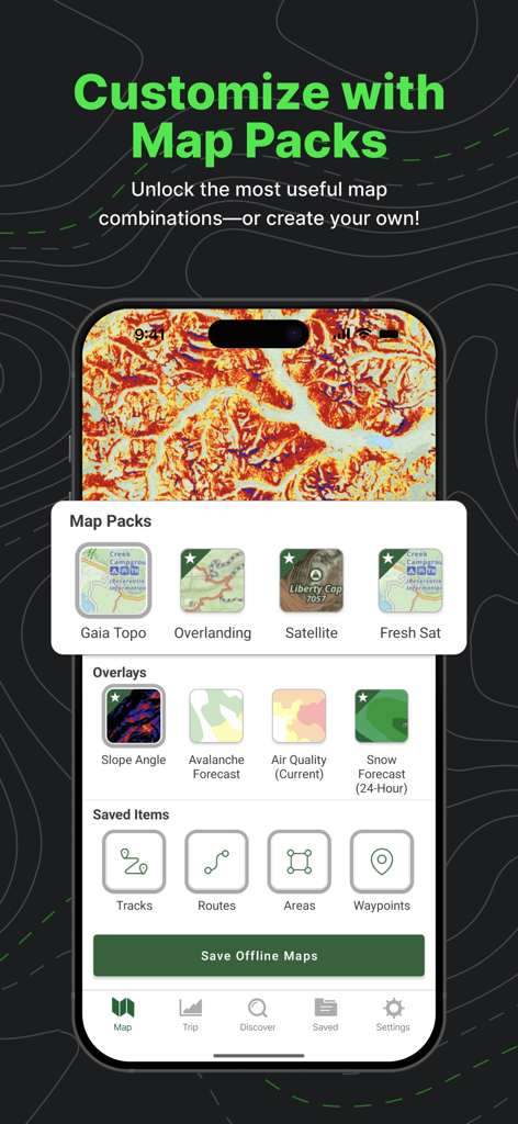 Gaia GPS app interface for customizing map packs and terrain overlays like slope angle and avalanche forecast