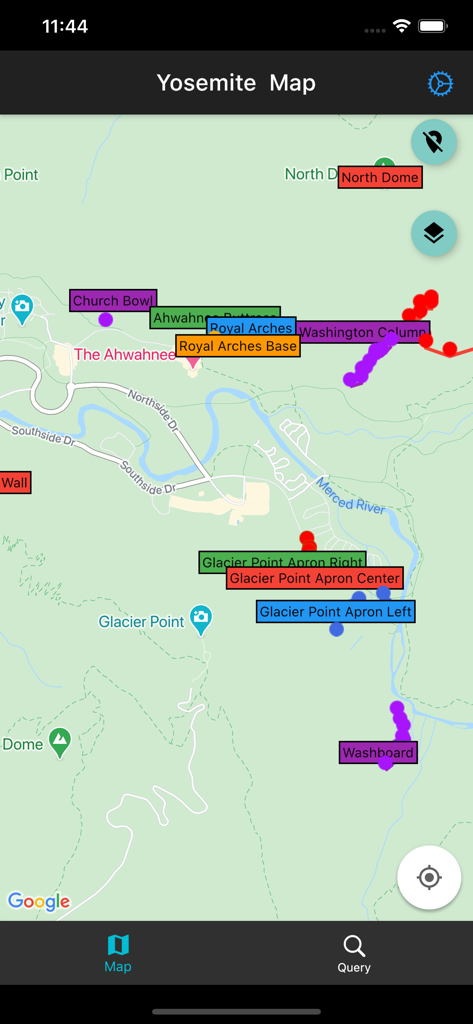 Un mapa del Valle de Yosemite que muestra lugares de escalada como Royal Arches y North Dome