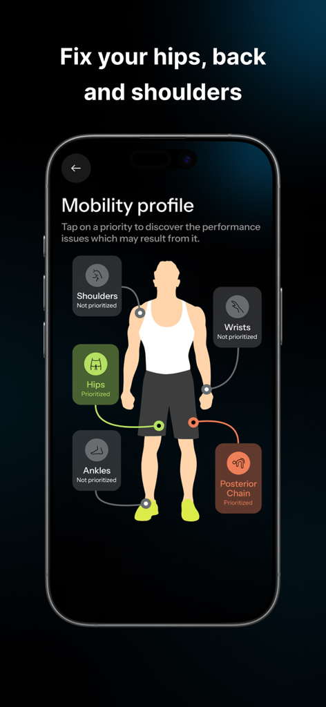 Mobility profile screen in the Limber app showing a human body diagram with selectable focus areas for personalized stretching