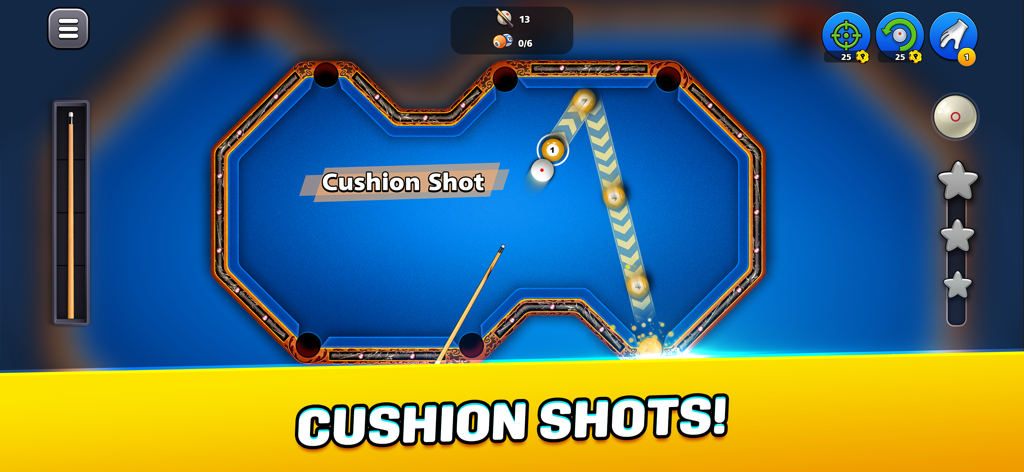 Pool Trickshots - A billiard cushion shot trajectory on a blue pool table in Pool Trickshots game