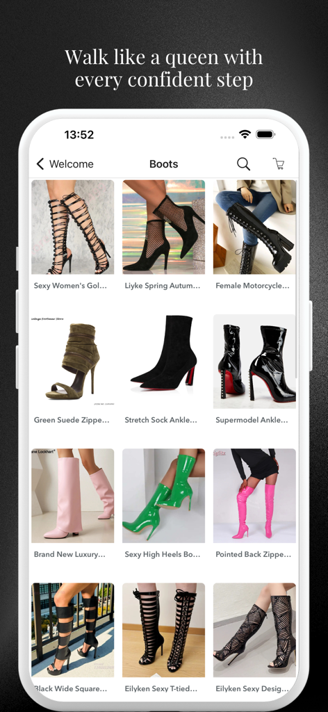 Women Shoes Shopping Fashion - Una pantalla de aplicación móvil que muestra una variedad de botas de mujer de moda y zapatos de tacón alto.