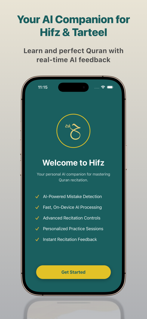 Tarteel - Hifz AI - Pantalla de bienvenida de la aplicación Tarteel Hifz AI que destaca las funciones para la memorización del Corán y la retroalimentación de recitación con IA en tiempo real.