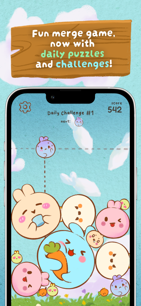 Pop Pop Bunny! Merge Game - Mobile screen showing a daily challenge in the Pop Pop Bunny merge game with cute round characters and a score counter