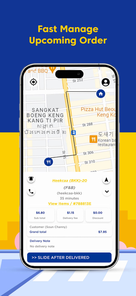 Wingmall Rider - Wingmall Rider mobile app screen displaying order details and a delivery map route