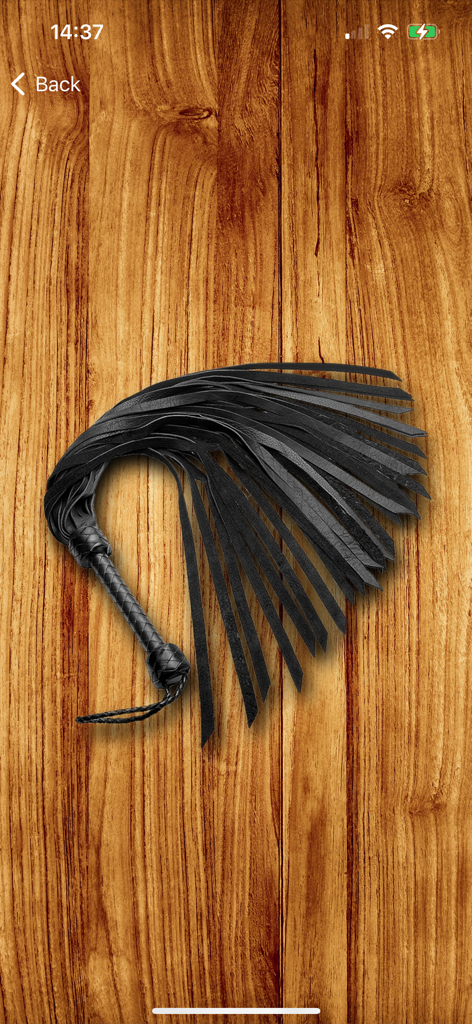 Whip Simulator - Pocket Whip - Um chicote de couro preto com vários rabos exibido em um fundo de madeira clara.