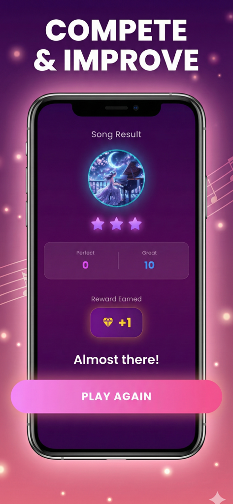 Music Tiles 4: Piano Tiles - Result screen of Music Tiles 4 piano game showing song statistics, earned diamonds, and a play again button.