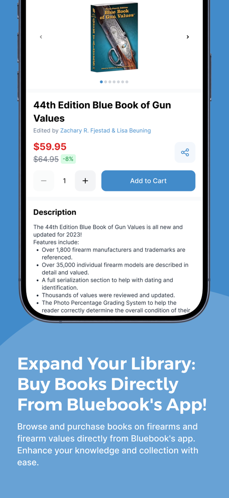 Screenshot of the Blue Book of Gun Values app store page showing a firearm valuation book for purchase.