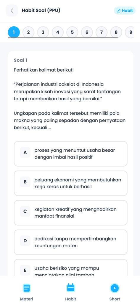 Mobile interface of the Zypia app showing a multiple choice Indonesian exam prep question for UTBK SNBT.