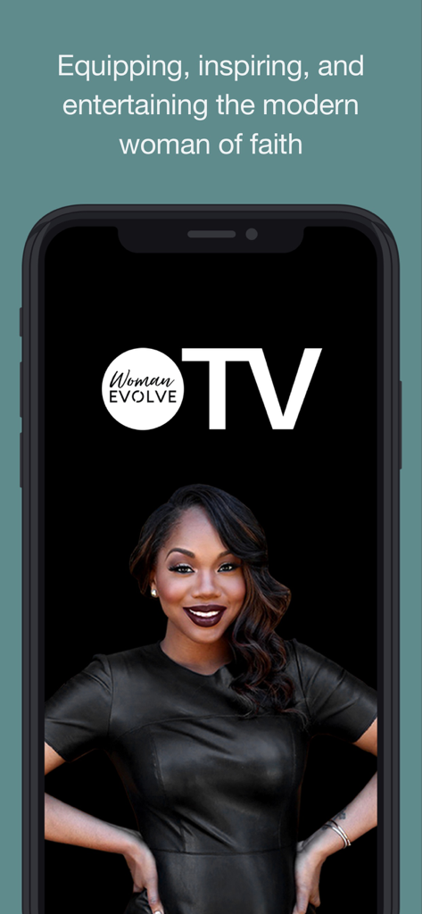 Pantalla de bienvenida de la aplicación Woman Evolve TV con Sarah Jakes Roberts y texto para mujeres modernas de fe