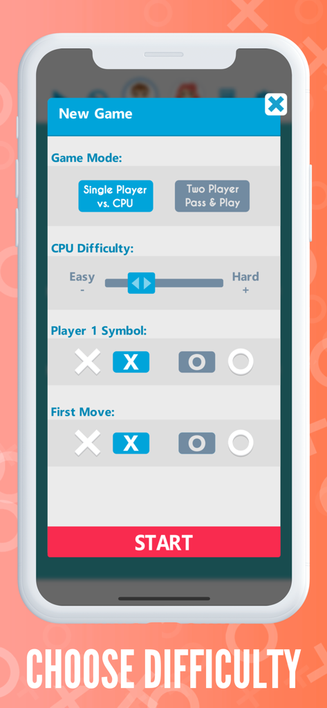 Tic Tac Toe OXO - 2 Player - Tic Tac Toe OXO app screen for choosing game mode and difficulty level